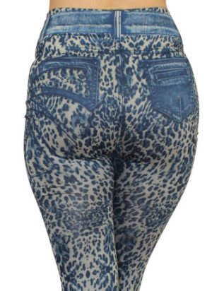 Legging bleu effet jean délavé imprimé léopard - FD1017